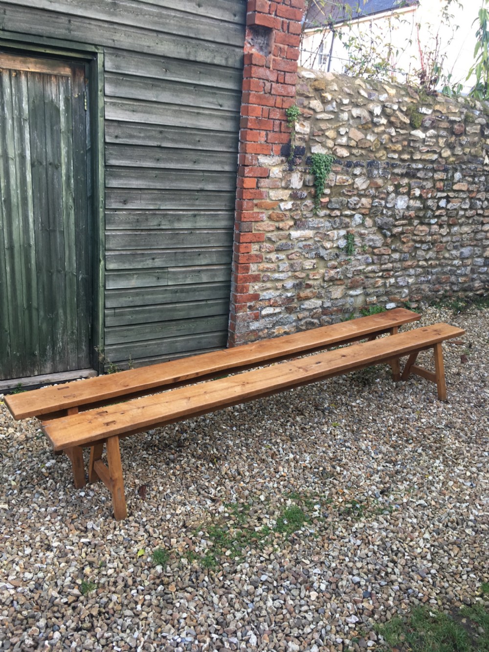 long pair of cherrywood farmhouse benches