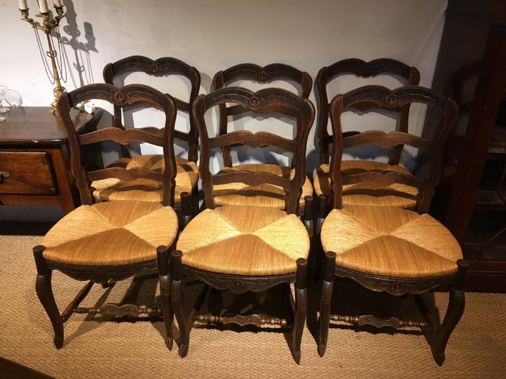 set of 6 oak and rush seated chairs