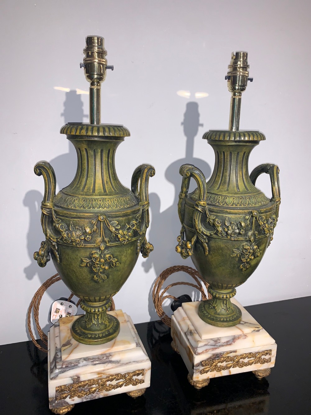 pair of 19th century spelter and marble table lamps