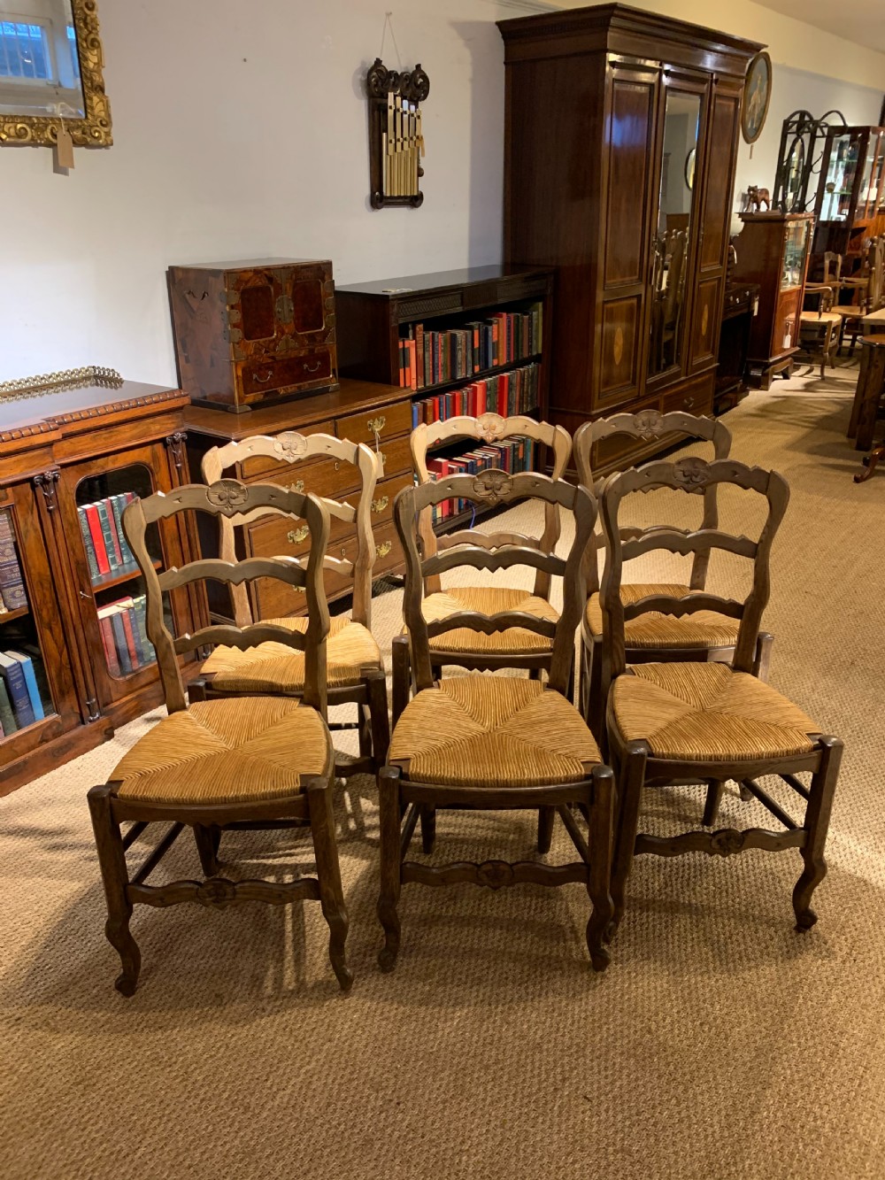 set of 6 oak chairs with rush seats