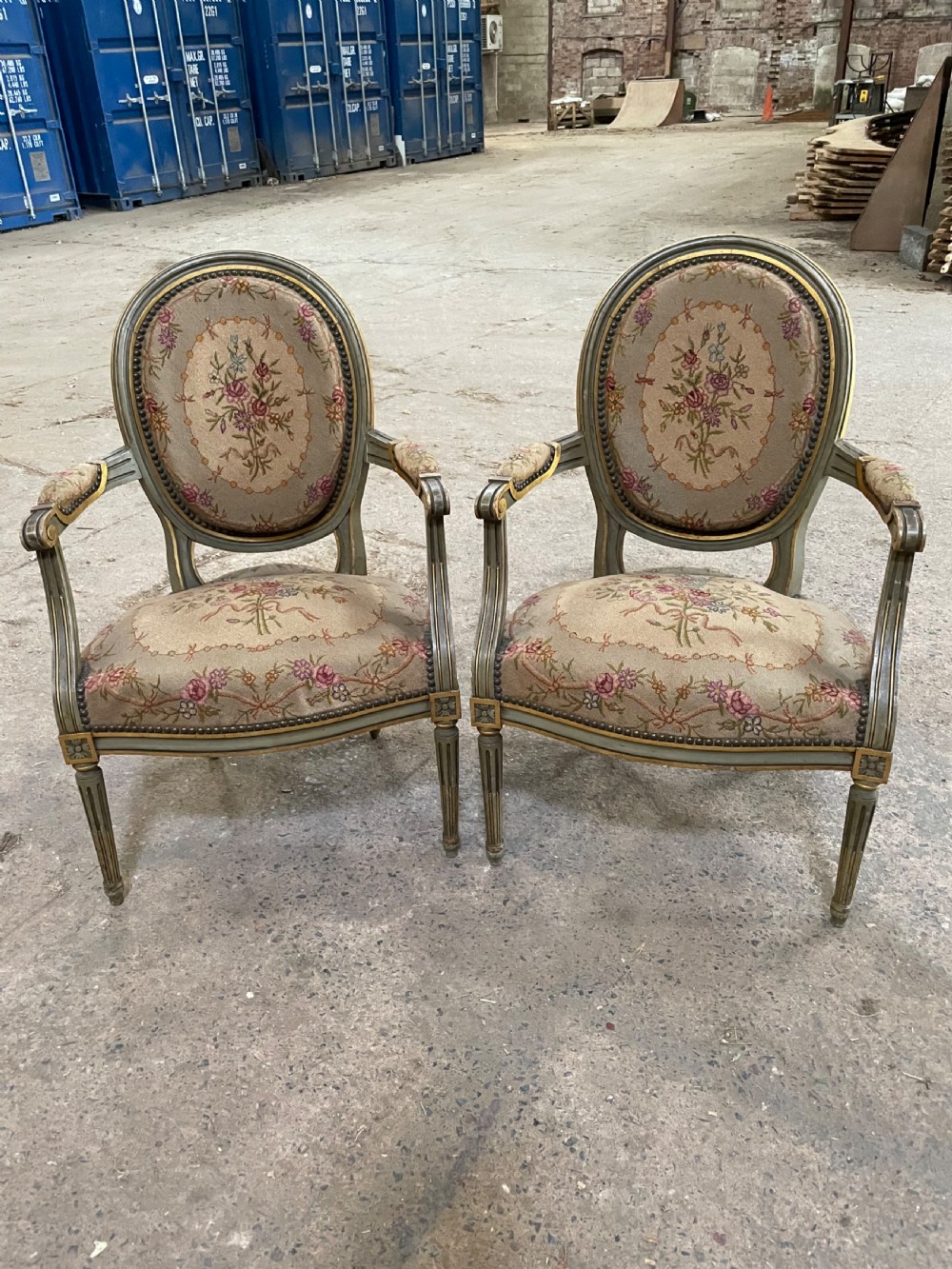 pair of french chairs with original tapestry